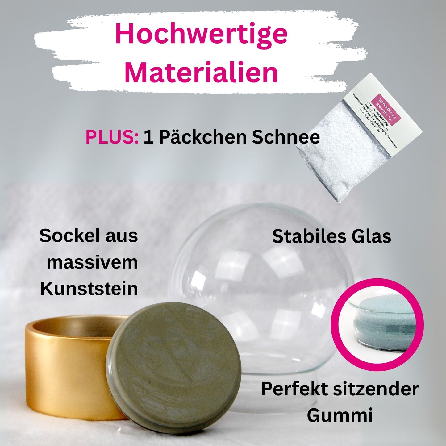 100mm Bastelset Polyresin Sockel gold mit DIY - Schneekugel - 1x Schnee - Schneekugelhaus