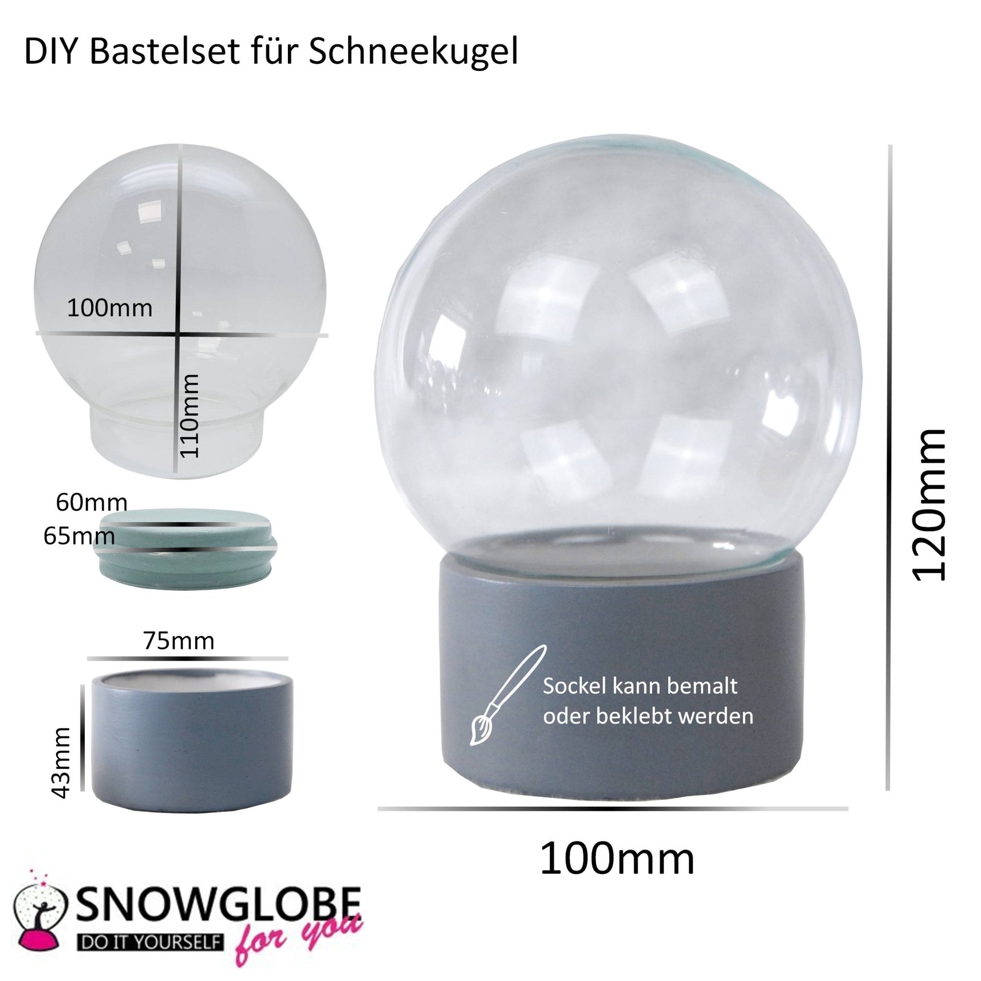 100mm Bastelset Polyresin Sockel grau mit DIY - Schneekugel - 1 x Schnee - Schneekugelhaus