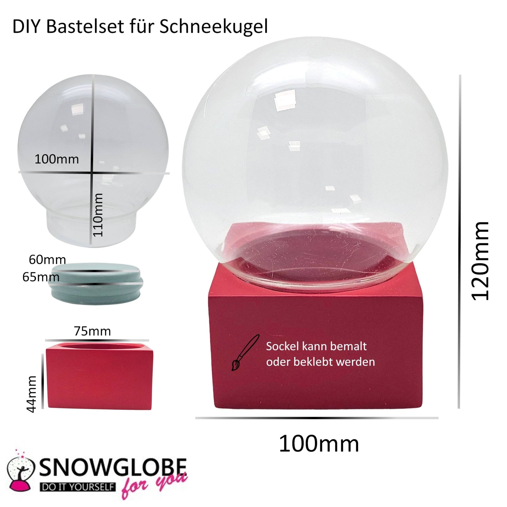 100mm Bastelset Polyresin Sockel rot eckig mit DIY - Schneekugel - Schneekugelhaus