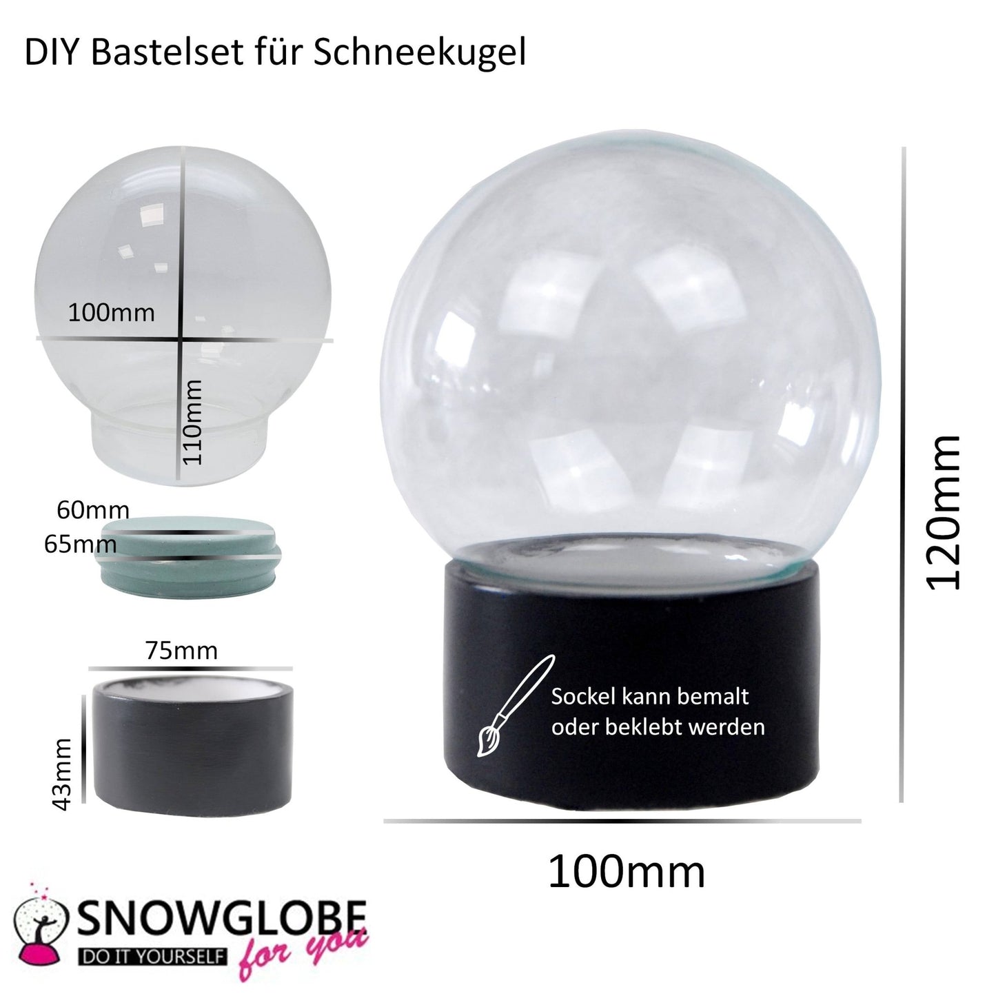 100mm Bastelset Polyresin Sockel schwarz rund mit DIY - Schneekugel - 1 x Schnee - Schneekugelhaus