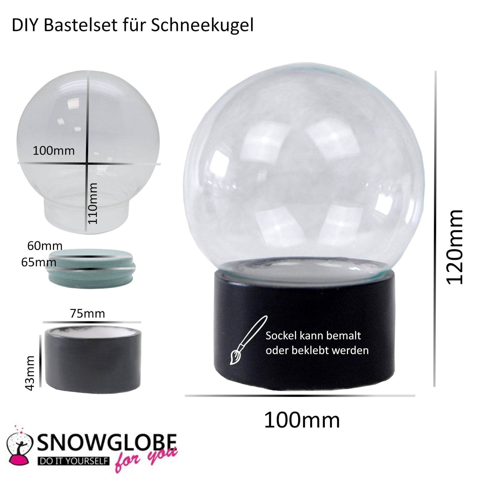 100mm Bastelset Polyresin Sockel schwarz rund mit DIY - Schneekugel - 1 x Schnee - Schneekugelhaus