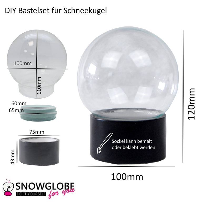 100mm Bastelset Polyresin Sockel schwarz rund mit DIY - Schneekugel - 1 x Schnee - Schneekugelhaus