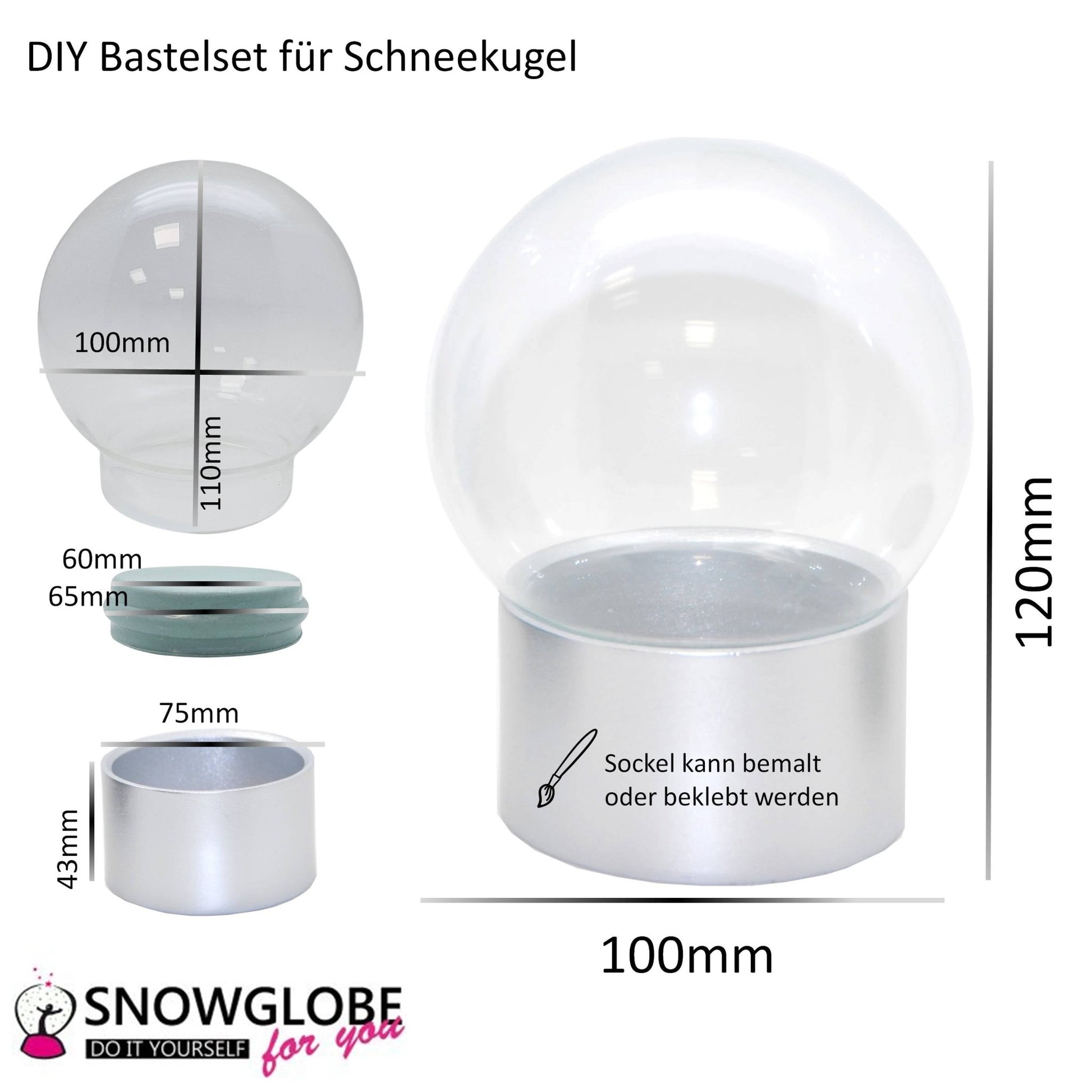 100mm Bastelset Polyresin Sockel silber rund mit DIY - Schneekugel - 1 x Schnee - Schneekugelhaus