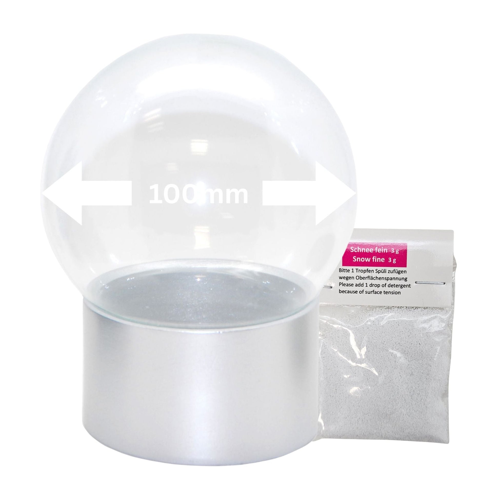 100mm Bastelset Polyresin Sockel silber rund mit DIY - Schneekugel - 1 x Schnee - Schneekugelhaus