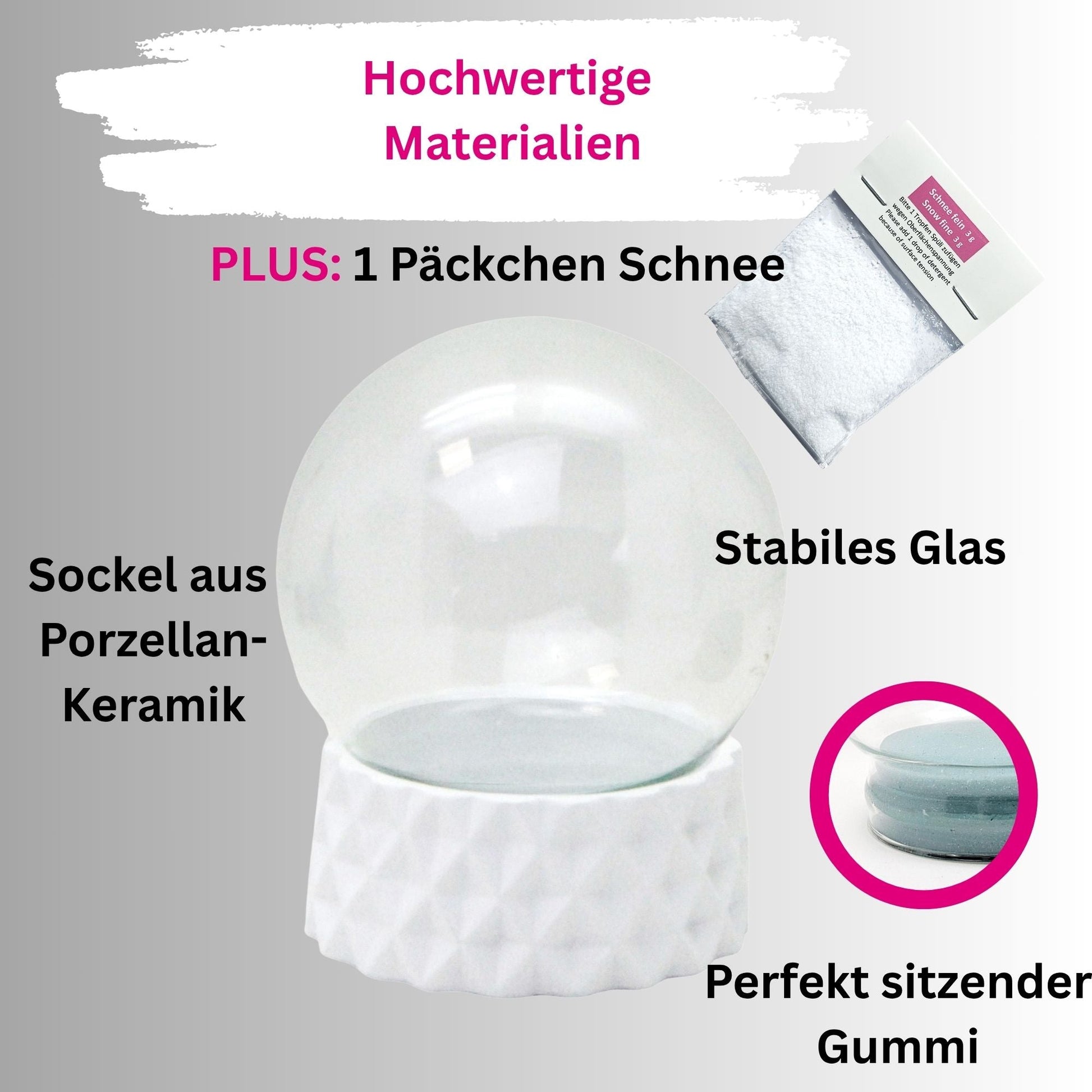 100mm Bastelset Polyresin Sockel weiß rund kubisch mit DIY - Schneekugel - 1x Schnee - Schneekugelhaus