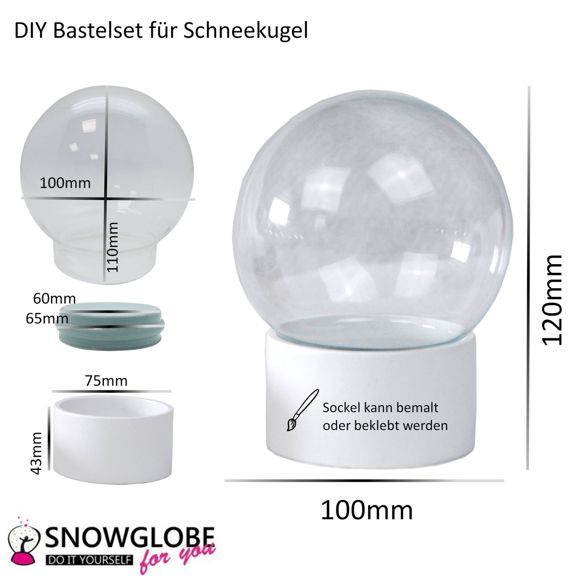 100mm Bastelset Polyresin Sockel weiß rund mit DIY - Schneekugel - 1 x Schnee - Schneekugelhaus