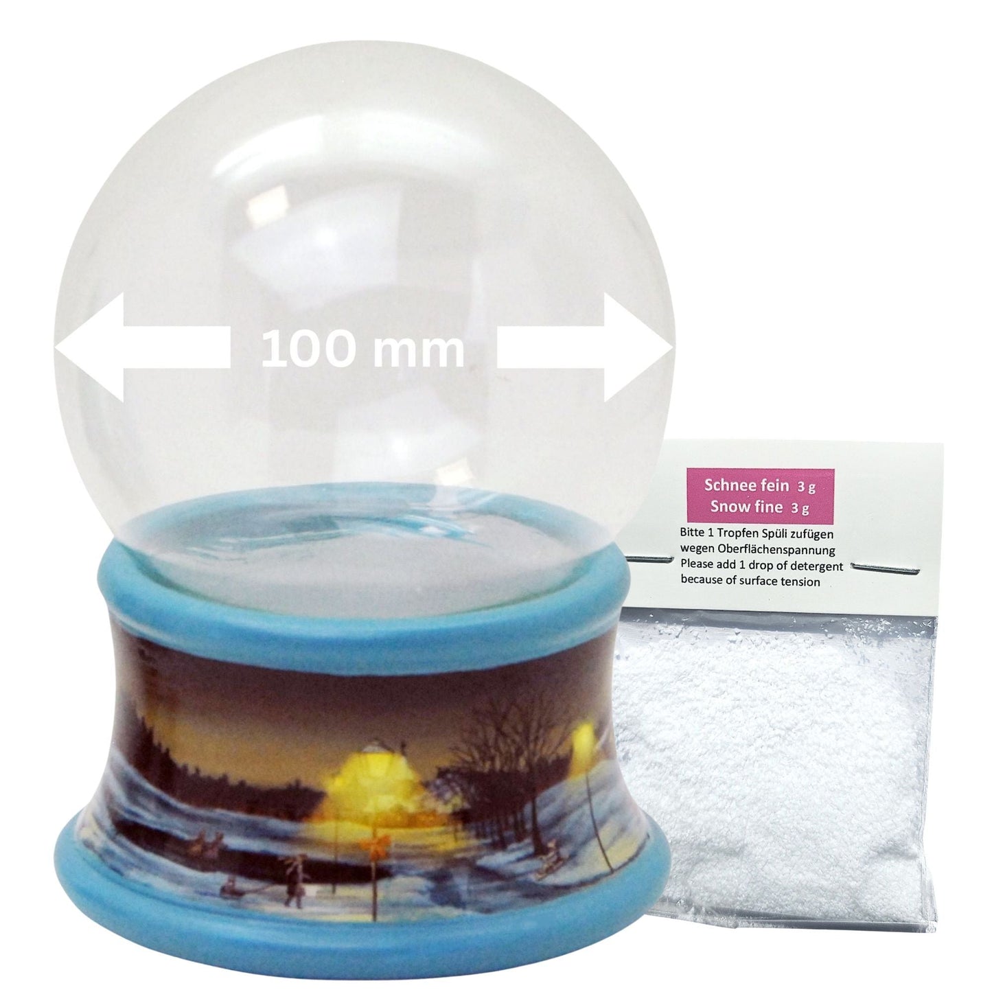 100mm Bastelset Porzellan Sockel Winterlandschaft Eisläufer blauer Rand mit DIY - Schneekugel für Spieluhr - 1x Schnee - Schneekugelhaus