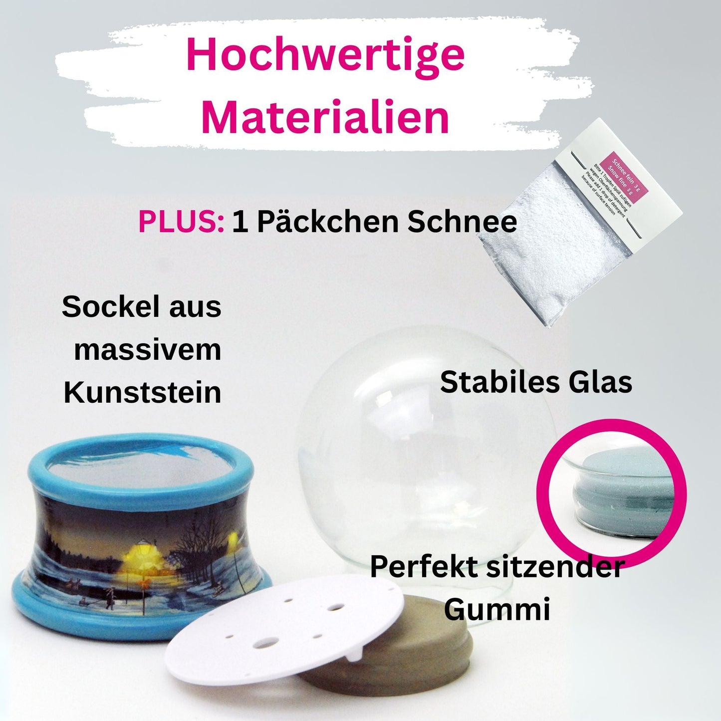 100mm Bastelset Porzellan Sockel Winterlandschaft Eisläufer blauer Rand mit DIY - Schneekugel für Spieluhr - 1x Schnee - Schneekugelhaus