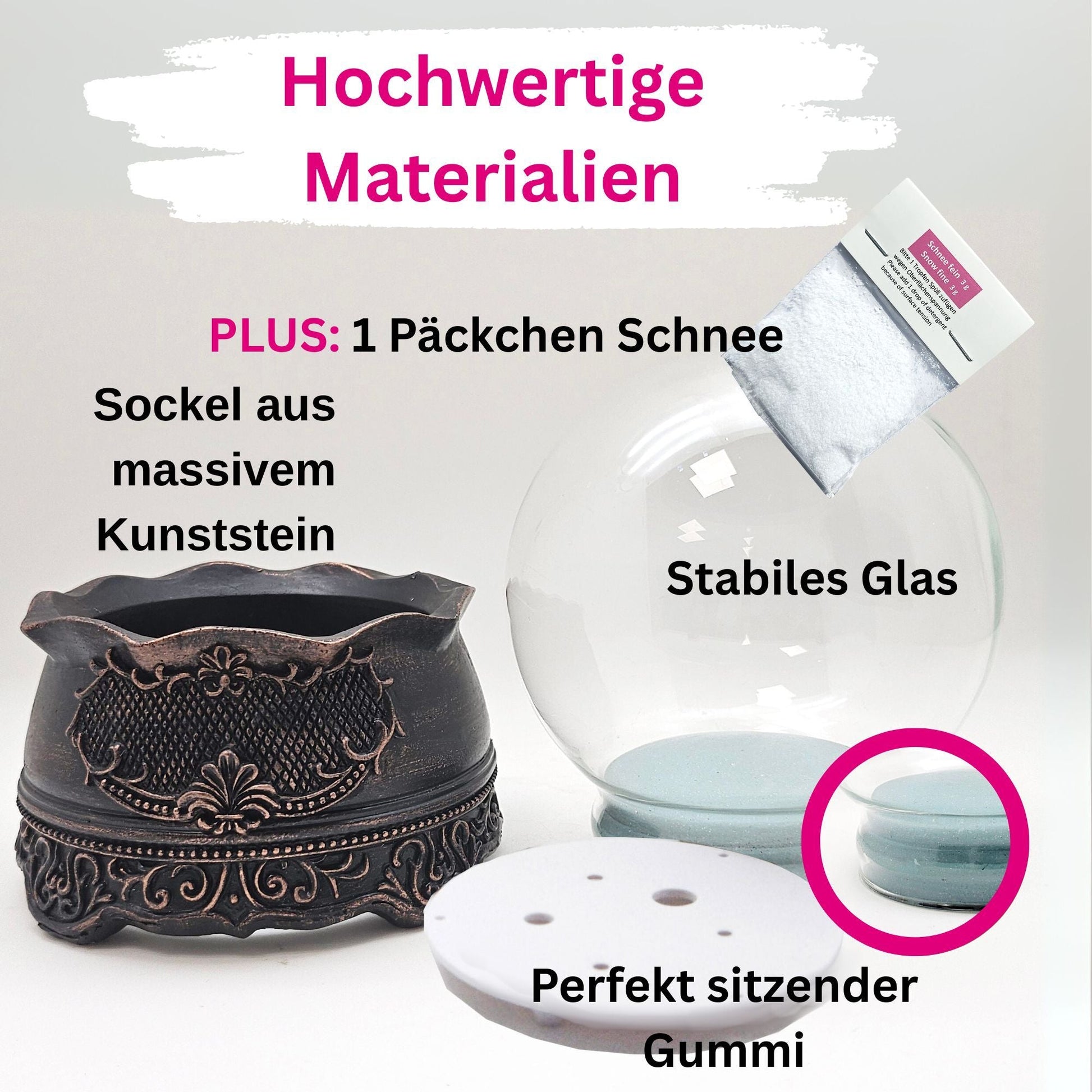 100mm Bastelset Sockel kupfer antik mit DIY - Schneekugel für Spieluhr - 1x Schnee - Schneekugelhaus