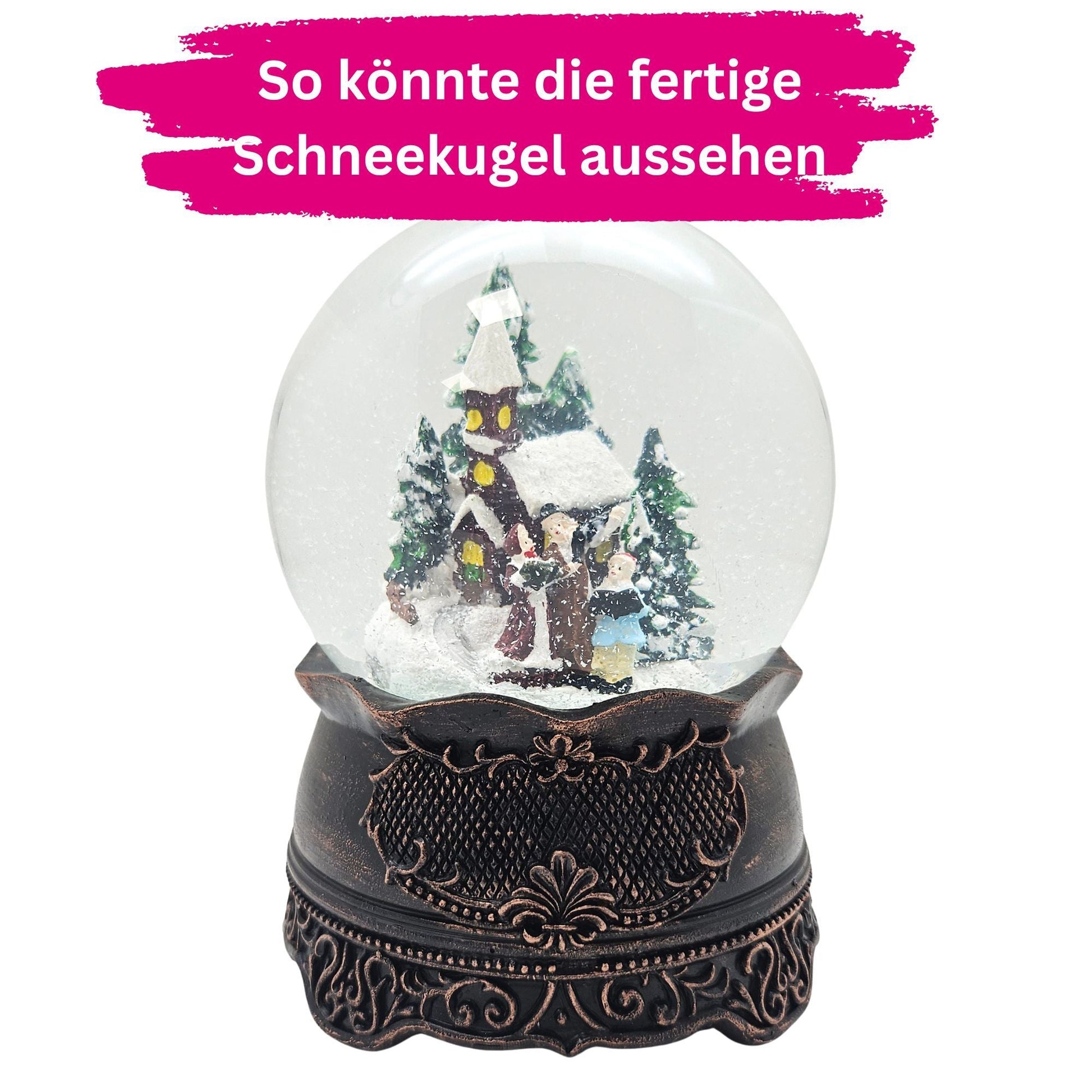 100mm Bastelset Sockel kupfer antik mit DIY - Schneekugel für Spieluhr - 1x Schnee - Schneekugelhaus