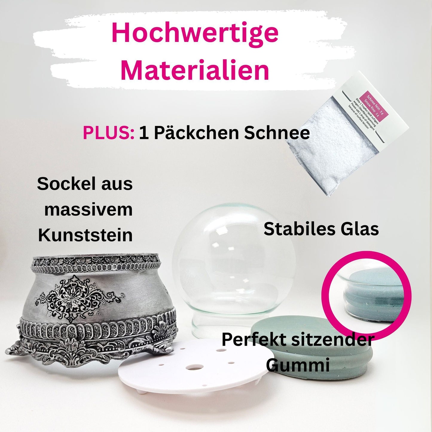 100mm Bastelset Sockel Zinnoptik mit DIY - Schneekugel für Spieluhr - 1x Schnee - Schneekugelhaus