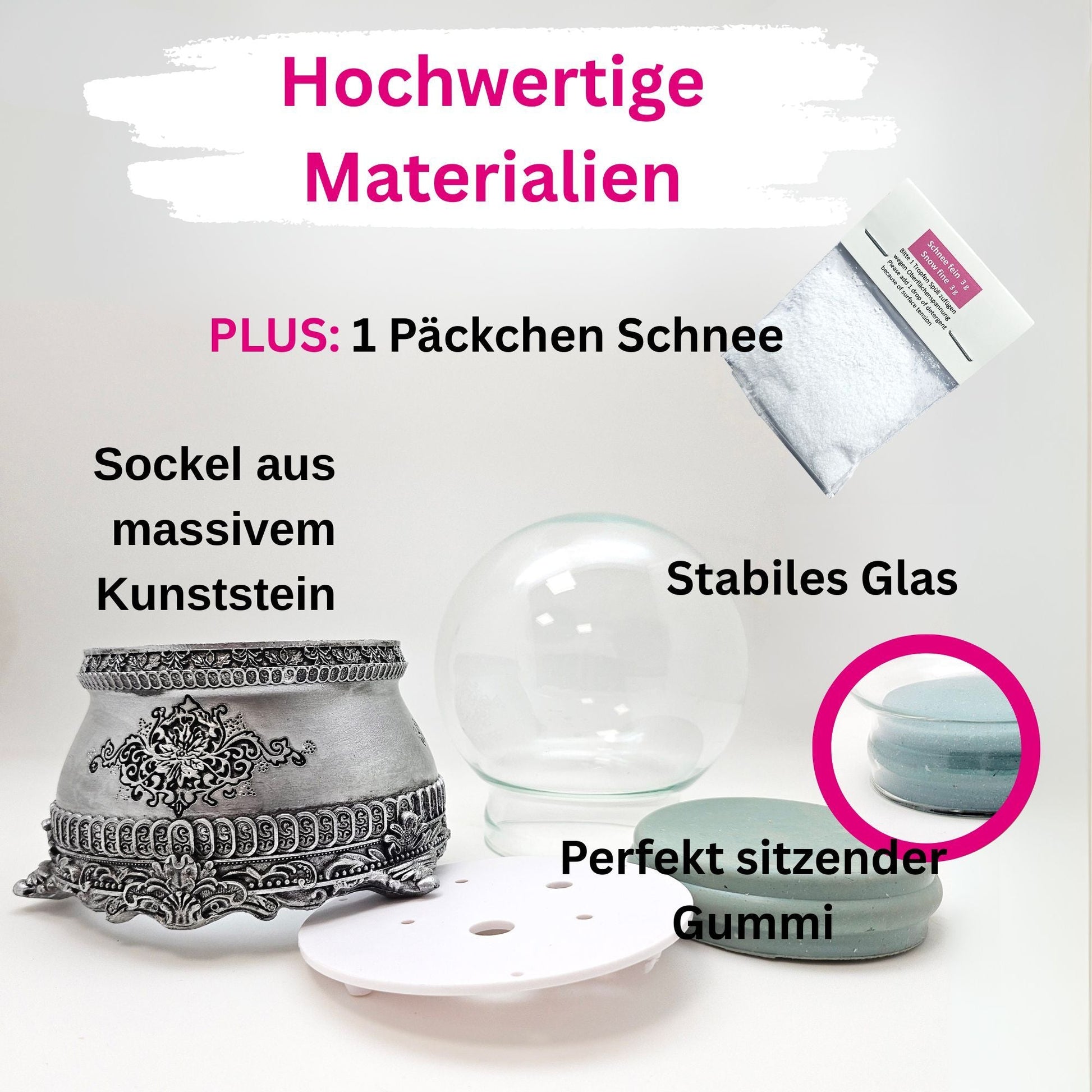 100mm Bastelset Sockel Zinnoptik mit DIY - Schneekugel für Spieluhr - 1x Schnee - Schneekugelhaus