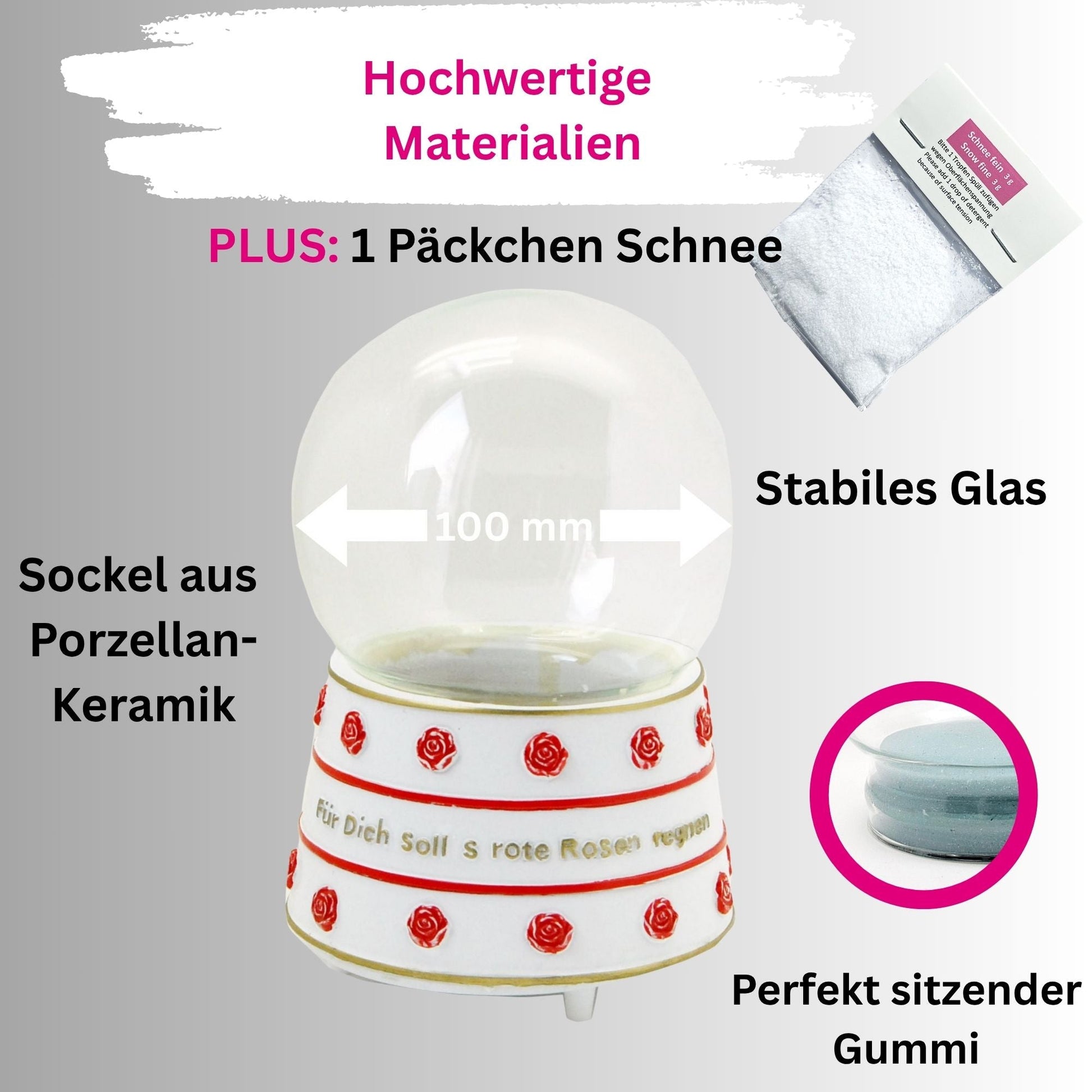 100mm - Do - it - Yourself Schneekugel mit Rosen Sockel - 1x Schnee - Schneekugelhaus