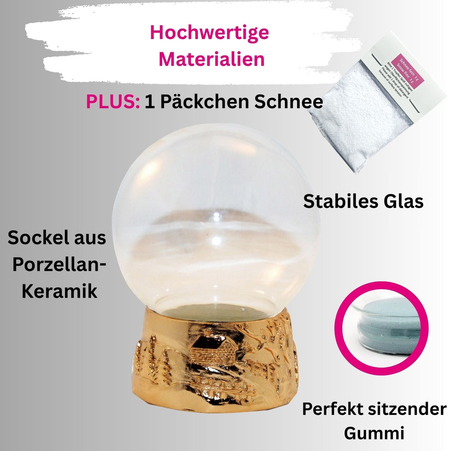 100mm - Do - it - Yourself Schneekugel mit Sockel Porzellan Kupfergold Relief Landschaft für Spieluhr - 1x Schnee - Schneekugelhaus