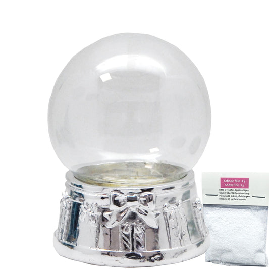 100mm - Do - it - Yourself Schneekugel mit Sockel Porzellan silber gerade mit Geschenkschleife für Spieluhr - 1x Schnee - Schneekugelhaus