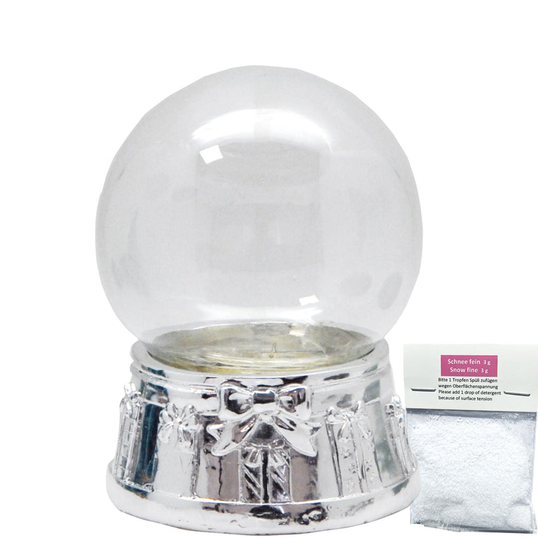 100mm - Do - it - Yourself Schneekugel mit Sockel Porzellan silber gerade mit Geschenkschleife für Spieluhr - 1x Schnee - Schneekugelhaus