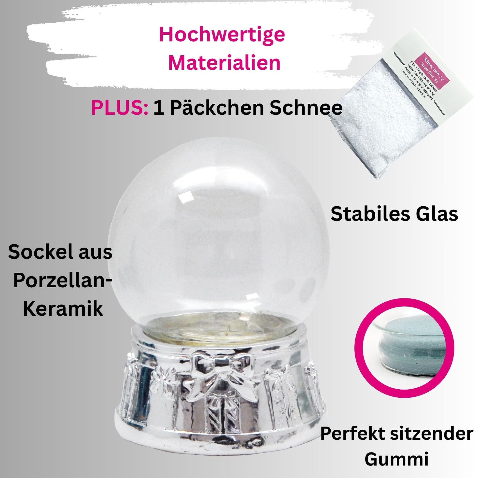 100mm - Do - it - Yourself Schneekugel mit Sockel Porzellan silber gerade mit Geschenkschleife für Spieluhr - 1x Schnee - Schneekugelhaus