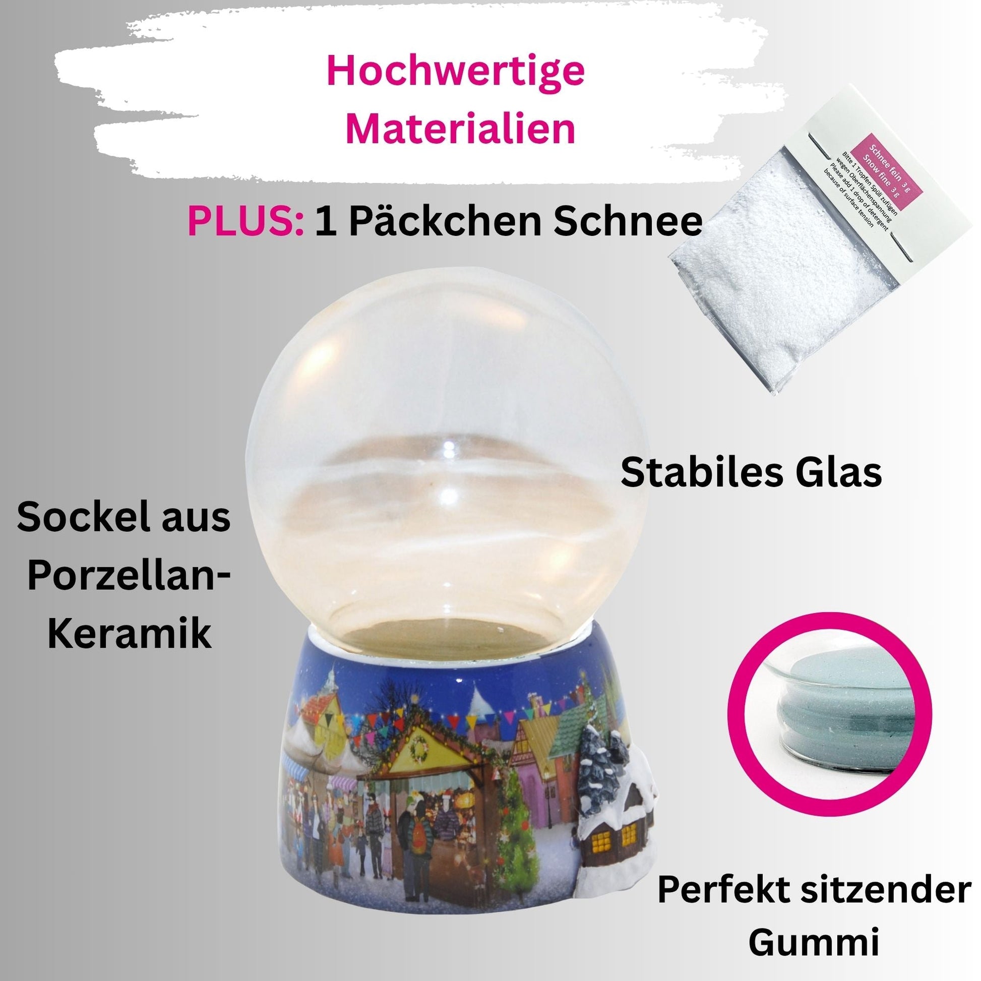 100mm - Do - it - Yourself Schneekugel mit Sockel Weihnachtsmarkt mit Haus für Spieluhr - 1x Schnee - Schneekugelhaus