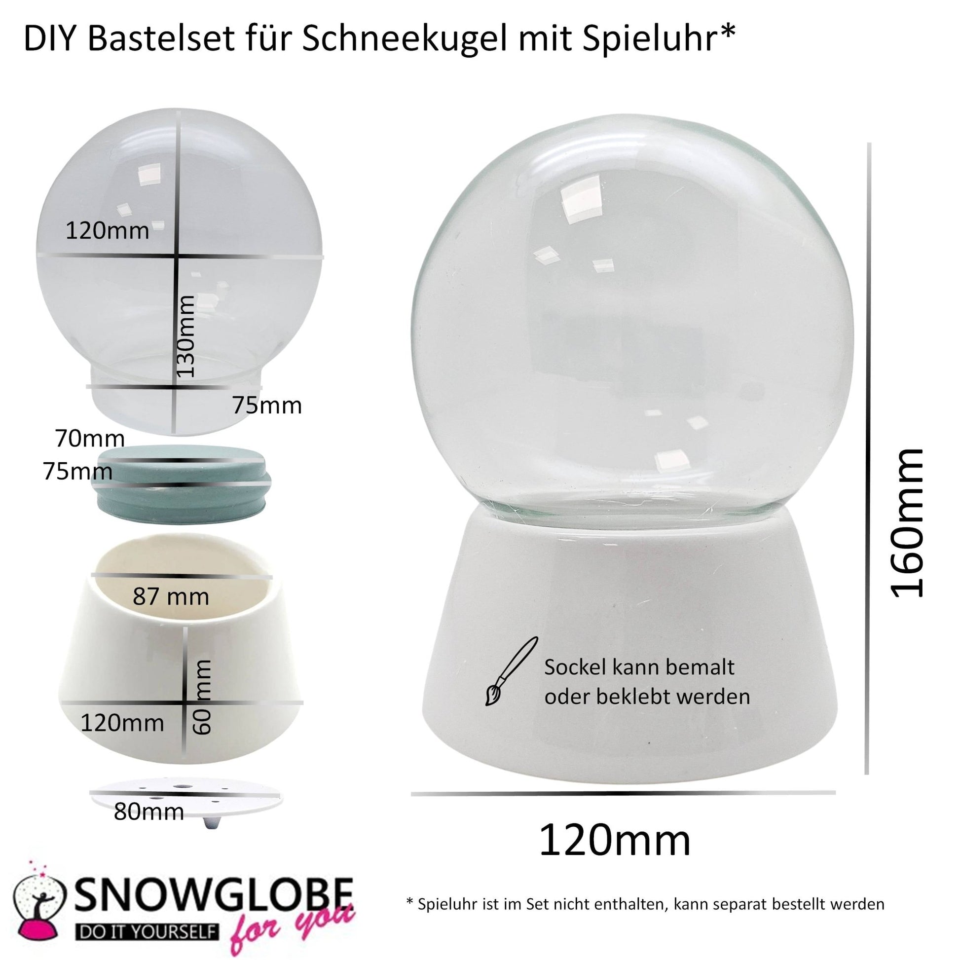 120mm DIY - Schneekugelset weiß - Set aus Bastelglas und Sockel weiß - Schneekugelhaus