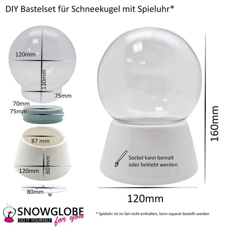 120mm DIY - Schneekugelset weiß - Set aus Bastelglas und Sockel weiß - Schneekugelhaus