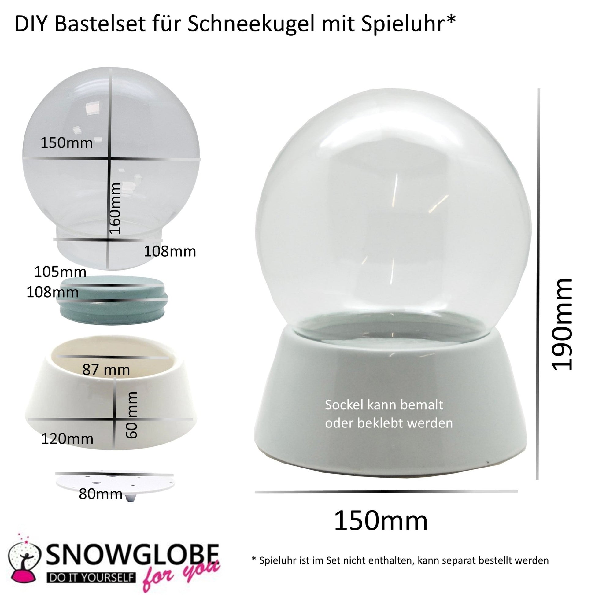 150mm DIY Schneekugelset weiß mit Sockel Porzellan für Spieluhr - 1x Schnee - Schneekugelhaus