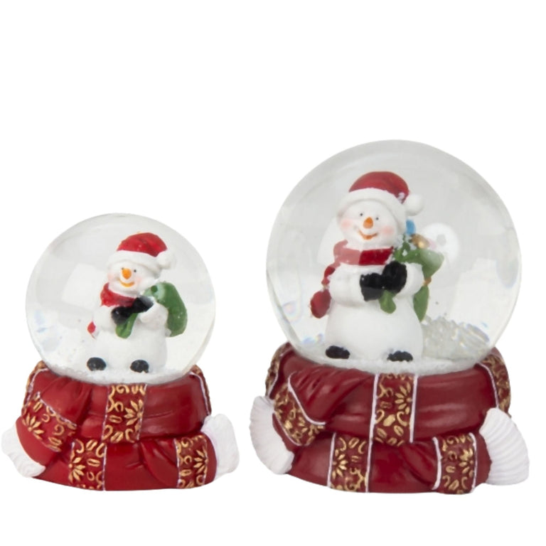 2 Schneekugeln Schneemann auf rot gold Schal - 45mm - > 65mm für Wichtelzauber Vergrößerungszauber - Schneekugelhaus