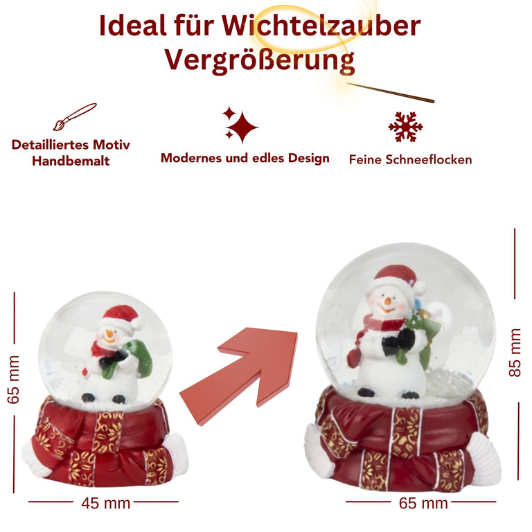 2 Schneekugeln Schneemann auf rot gold Schal - 45mm - > 65mm für Wichtelzauber Vergrößerungszauber - Schneekugelhaus
