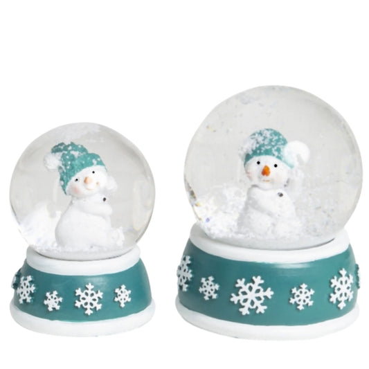 2 Schneekugeln Schneemann auf Sockel türkis weiß - 45mm - > 65mm für Wichtelzauber Vergrößerungszauber - Schneekugelhaus