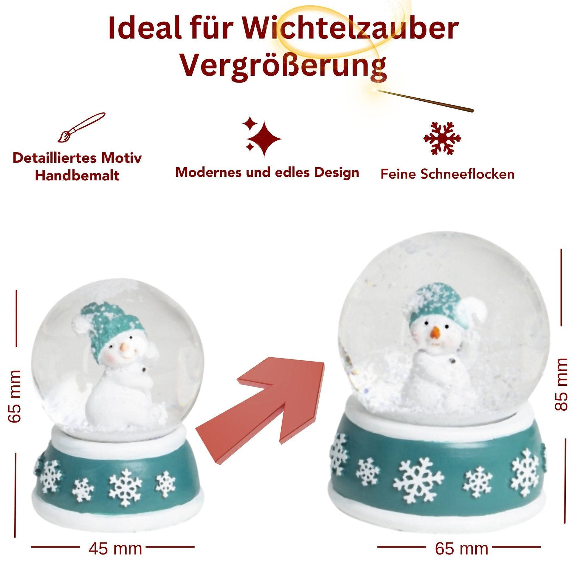 2 Schneekugeln Schneemann auf Sockel türkis weiß - 45mm - > 65mm für Wichtelzauber Vergrößerungszauber - Schneekugelhaus