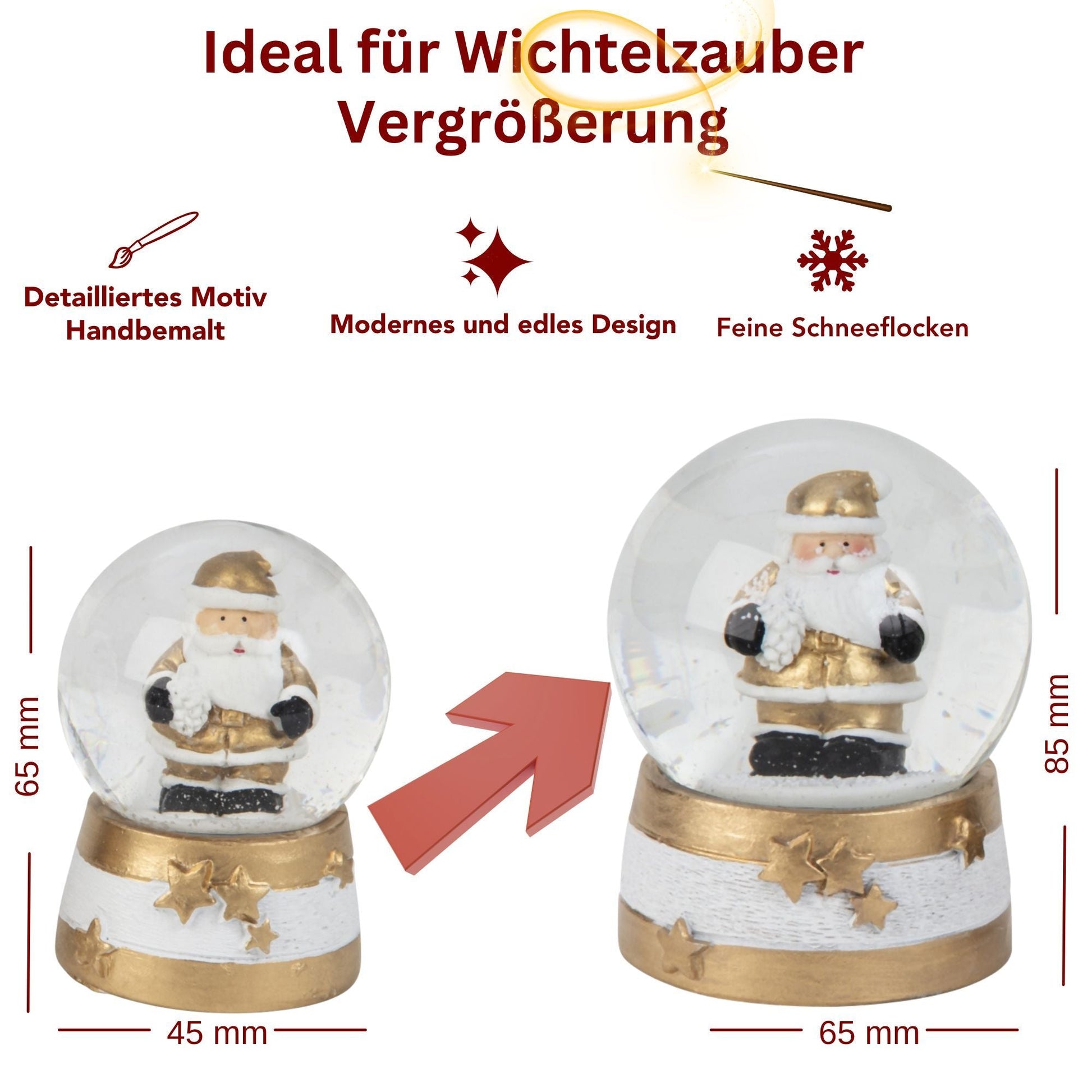 2 Schneekugeln Weihnachtsmann auf weiß gold Sockel - 45mm - > 65mm für Wichtelzauber Vergrößerungszauber - Schneekugelhaus