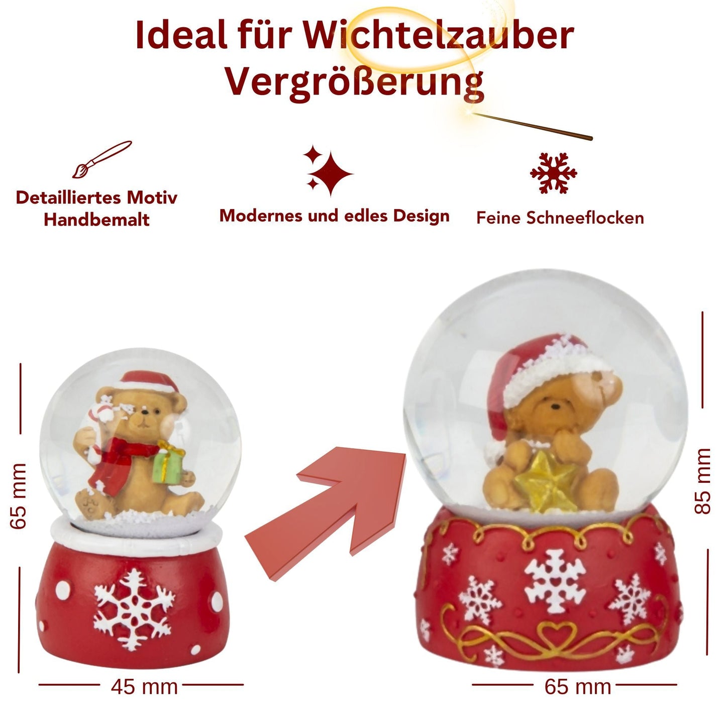 2 Schneekugeln Weihnachtsteddy auf Sockel rot weiß - 45mm - > 65mm für Wichtelzauber Vergrößerungszauber - Schneekugelhaus
