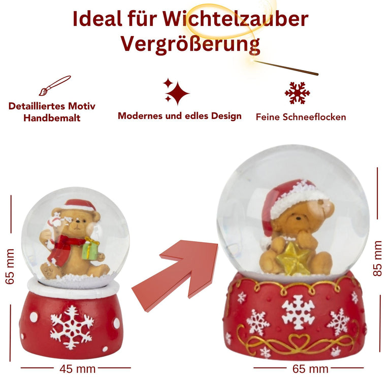 2 Schneekugeln Weihnachtsteddy auf Sockel rot weiß - 45mm - > 65mm für Wichtelzauber Vergrößerungszauber - Schneekugelhaus