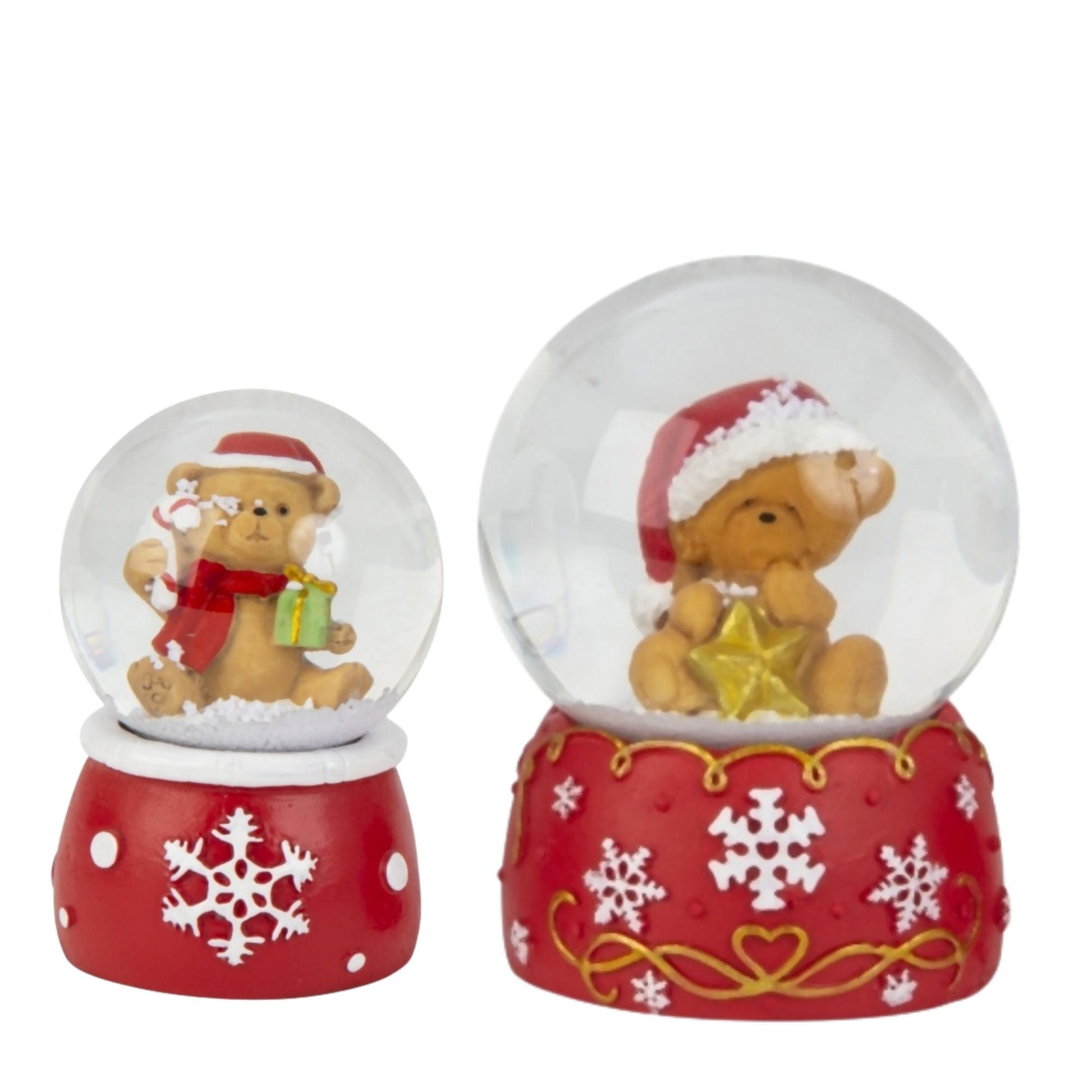 2 Schneekugeln Weihnachtsteddy auf Sockel rot weiß - 45mm - > 65mm für Wichtelzauber Vergrößerungszauber - Schneekugelhaus