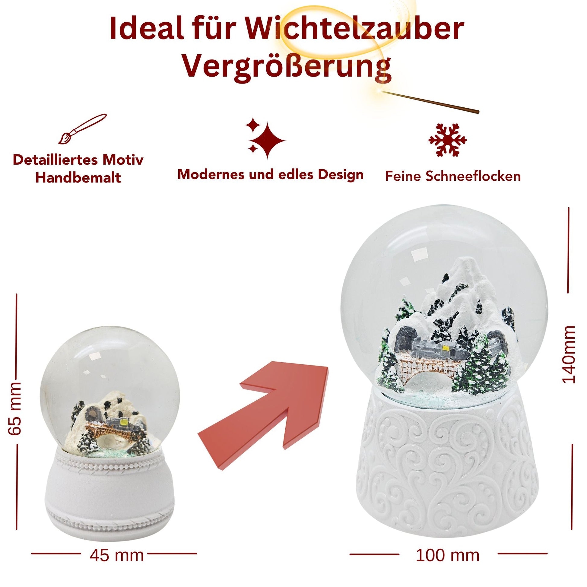 2 Schneekugeln weiß Berglandschaft mit Brücke - 45mm - > 100mm für Wichtelzauber Vergrößerungszauber - Schneekugelhaus