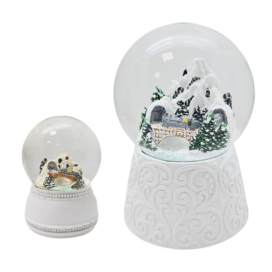 2 Schneekugeln weiß Berglandschaft mit Brücke - 45mm - > 100mm für Wichtelzauber Vergrößerungszauber - Schneekugelhaus