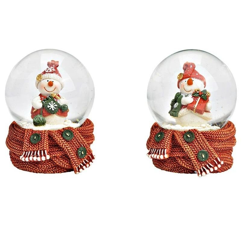 2 Süße Schneekugeln Schneemann Strickschal auf Sockel Winterschal 65 mm Durchmesser - Schneekugelhaus