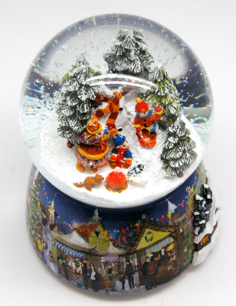 Nostalgie-Schneekugel mit Kindern und Schneemann mit Spieluhr - 100mm Durchmesser