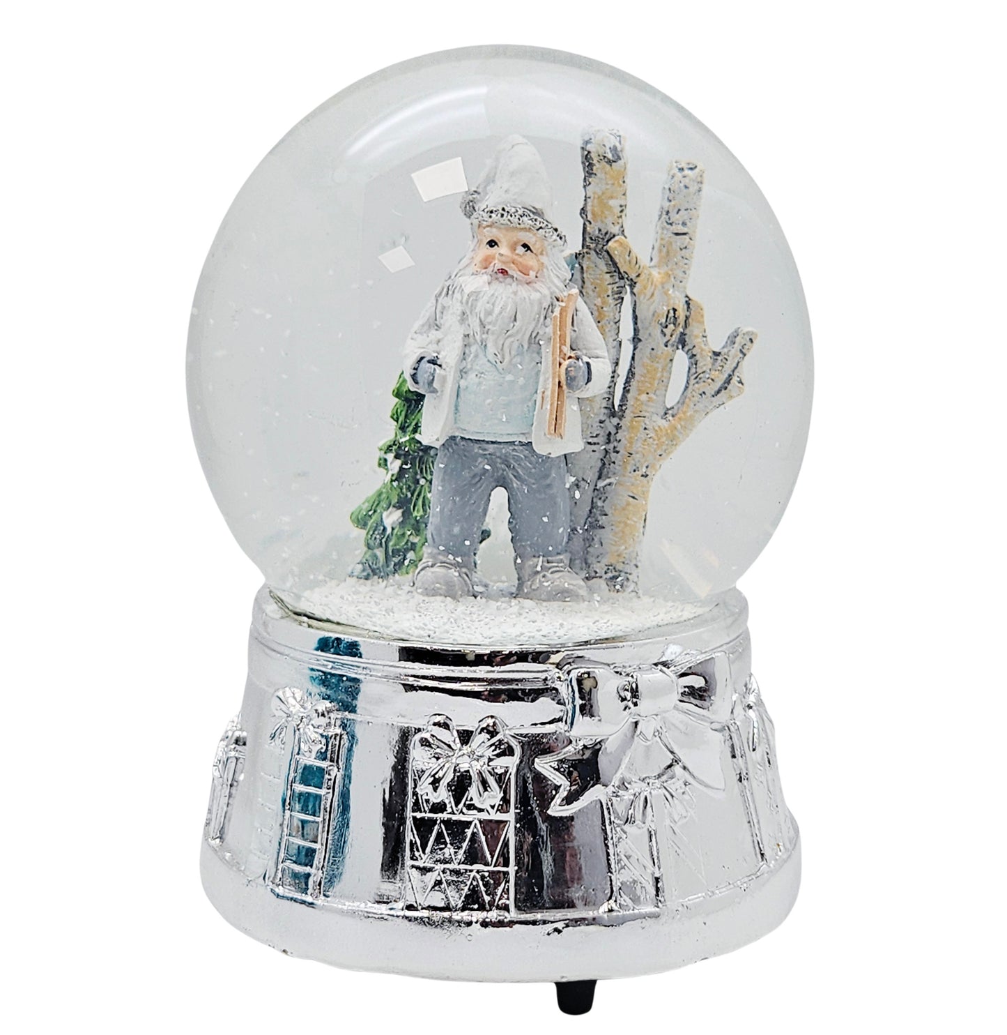 Edle Schneekugel Santa weiß Skier mit Silber-Sockel Geschenkschleife und Spieluhr 100 mm Durchmesser