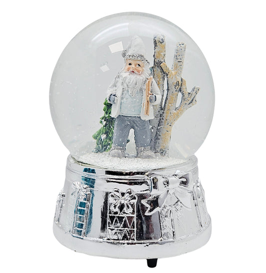 Edle Schneekugel Santa weiß Skier mit Silber-Sockel Geschenkschleife und Spieluhr 100 mm Durchmesser