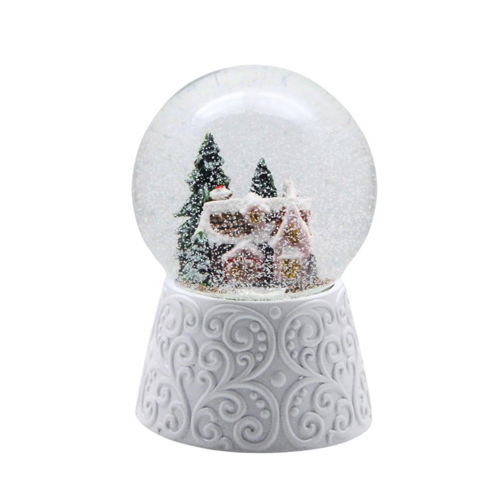 Edle Schneekugel Zuckerbäckerhaus auf weißem Ornamentsockel 100 mm Durchmesser mit Spieluhr