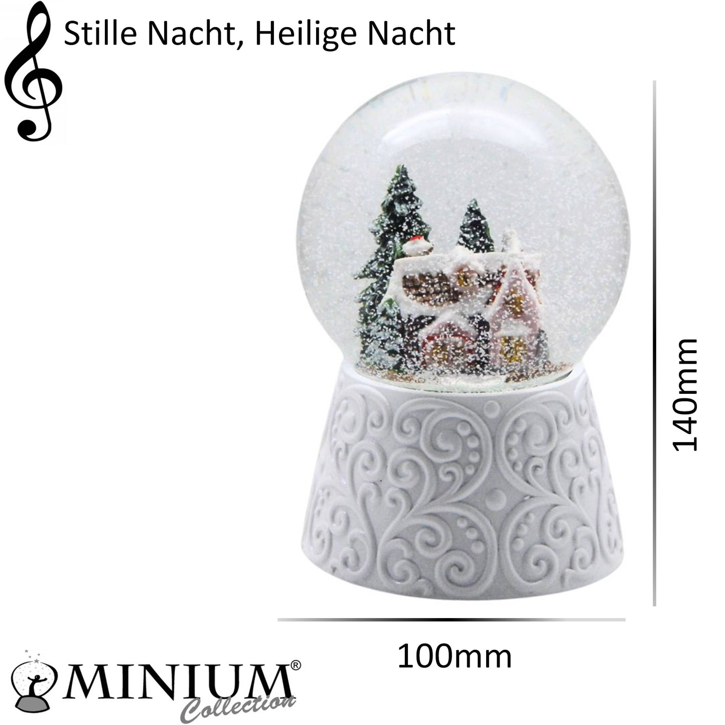 Edle Schneekugel Zuckerbäckerhaus auf weißem Ornamentsockel 100 mm Durchmesser mit Spieluhr