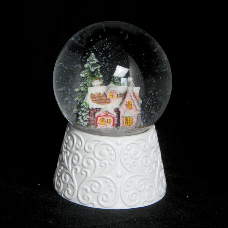 Edle Schneekugel Zuckerbäckerhaus auf weißem Ornamentsockel 100 mm Durchmesser mit Spieluhr