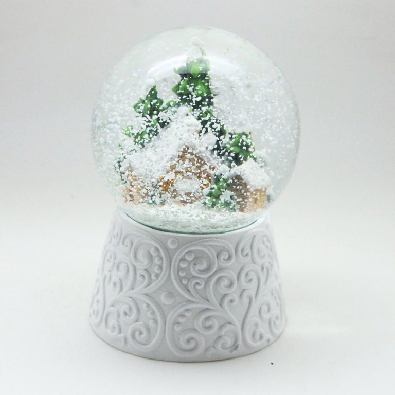 Edle Schneekugel Hüttenzauber Berghütte auf weißem Ornamentsockel 100 mm Durchmesser mit Spieluhr
