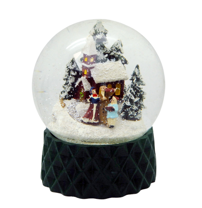 Schneekugel Weihnachtsspaziergang auf Sockel dunkelgrün kubisch "PURE-Line" 10 cm Durchmesser