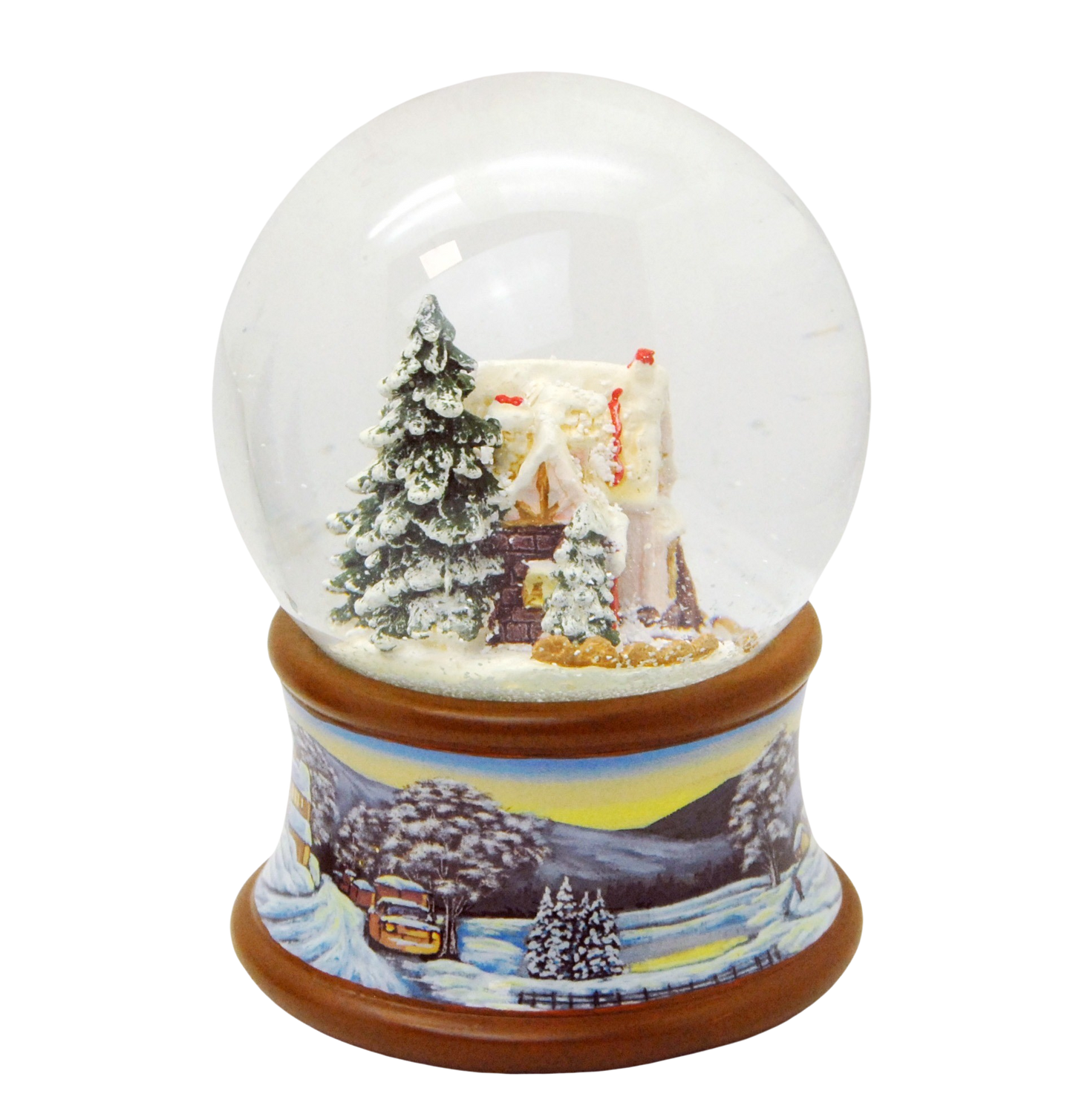 Schneekugel Zuckerbäckerhaus Winterwald auf Sockel Winterlandschaft braun mit Spieluhr 10 cm Durchmesser