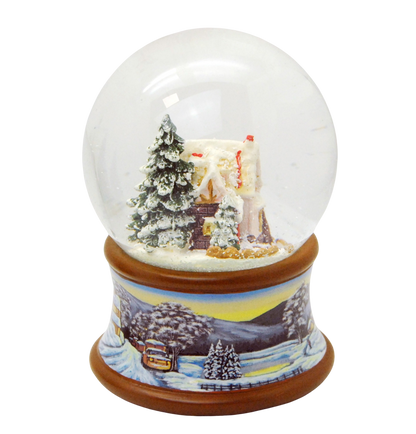 Schneekugel Zuckerbäckerhaus Winterwald auf Sockel Winterlandschaft braun mit Spieluhr 10 cm Durchmesser