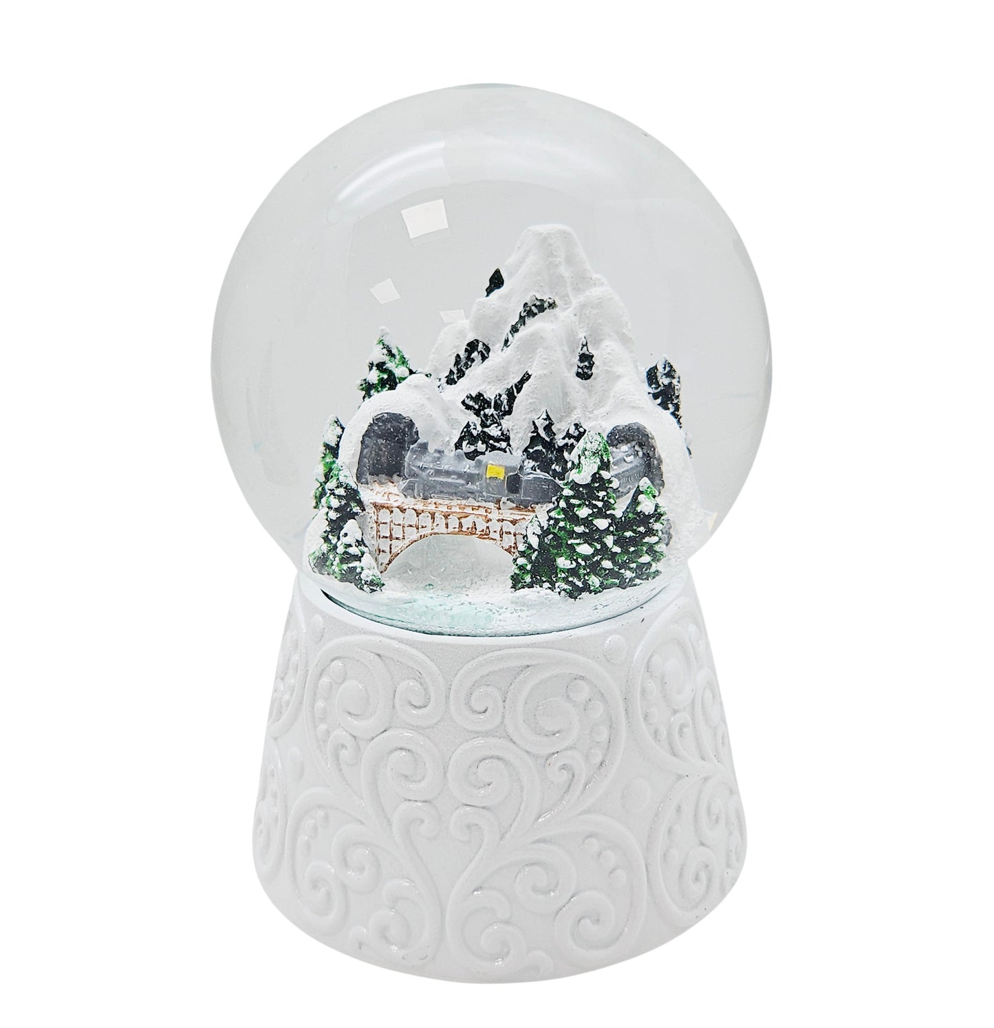 Nostalgische Schneekugel Berglandschaft mit Brücke auf Sockel weiß Ornamente 100 mm Durchmesser mit Spieluhr