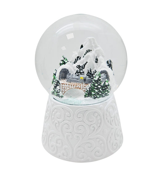 Nostalgische Schneekugel Berglandschaft mit Brücke auf Sockel weiß Ornamente 100 mm Durchmesser mit Spieluhr