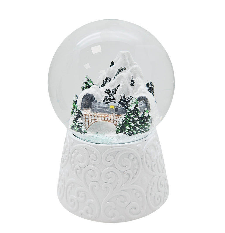 Nostalgische Schneekugel Berglandschaft mit Brücke auf Sockel weiß Ornamente 100 mm Durchmesser mit Spieluhr