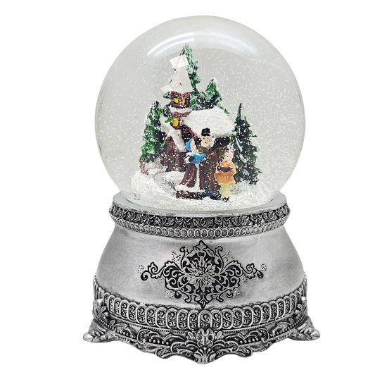 Nostalgische Schneekugel Weihnachtsspaziergang auf Zinnsockel 100 mm Durchmesser mit Spieluhr